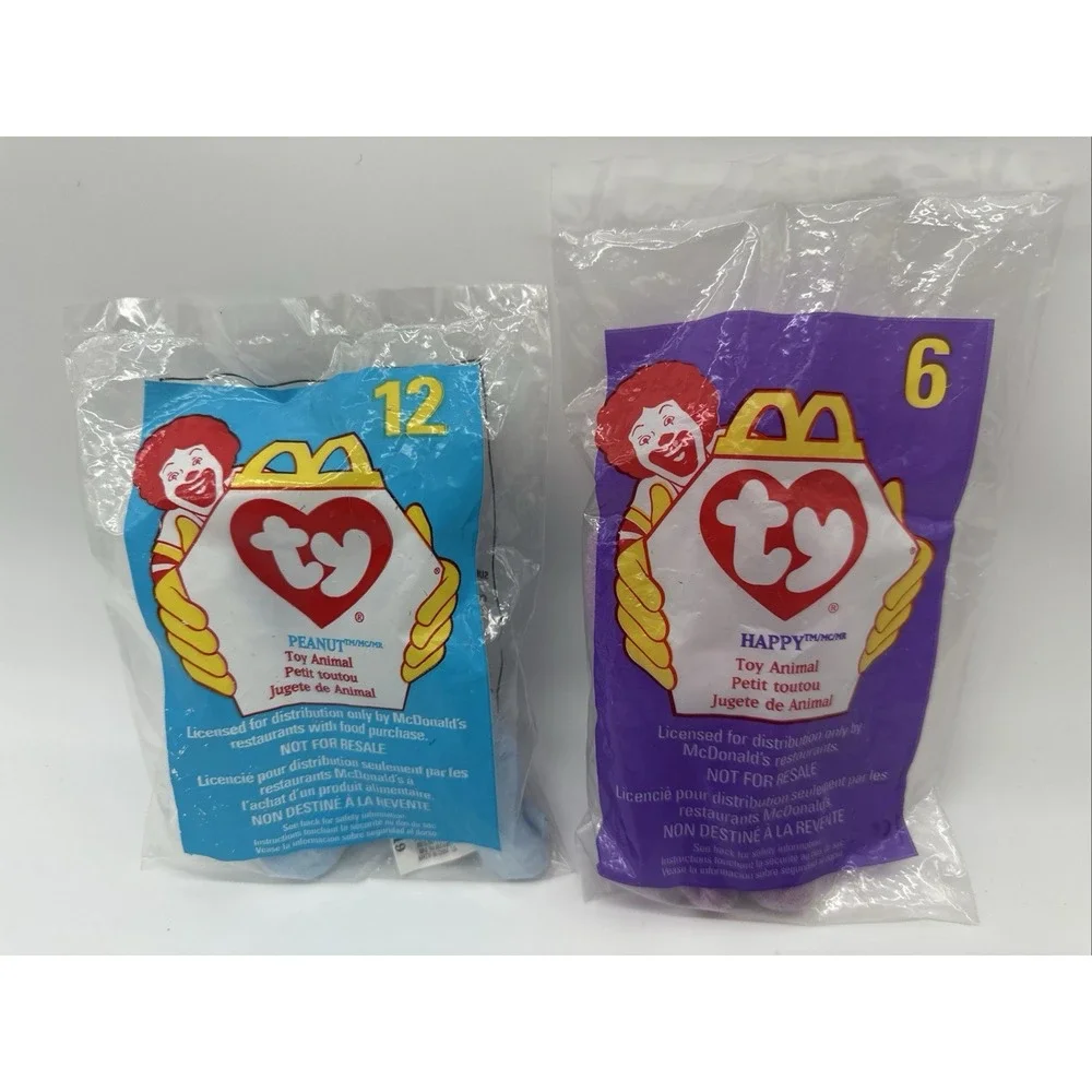 McDonald's 1998 Ty Teenie Beanie Babies Happy #6 & Peanut #12 Sealed Plush Lot